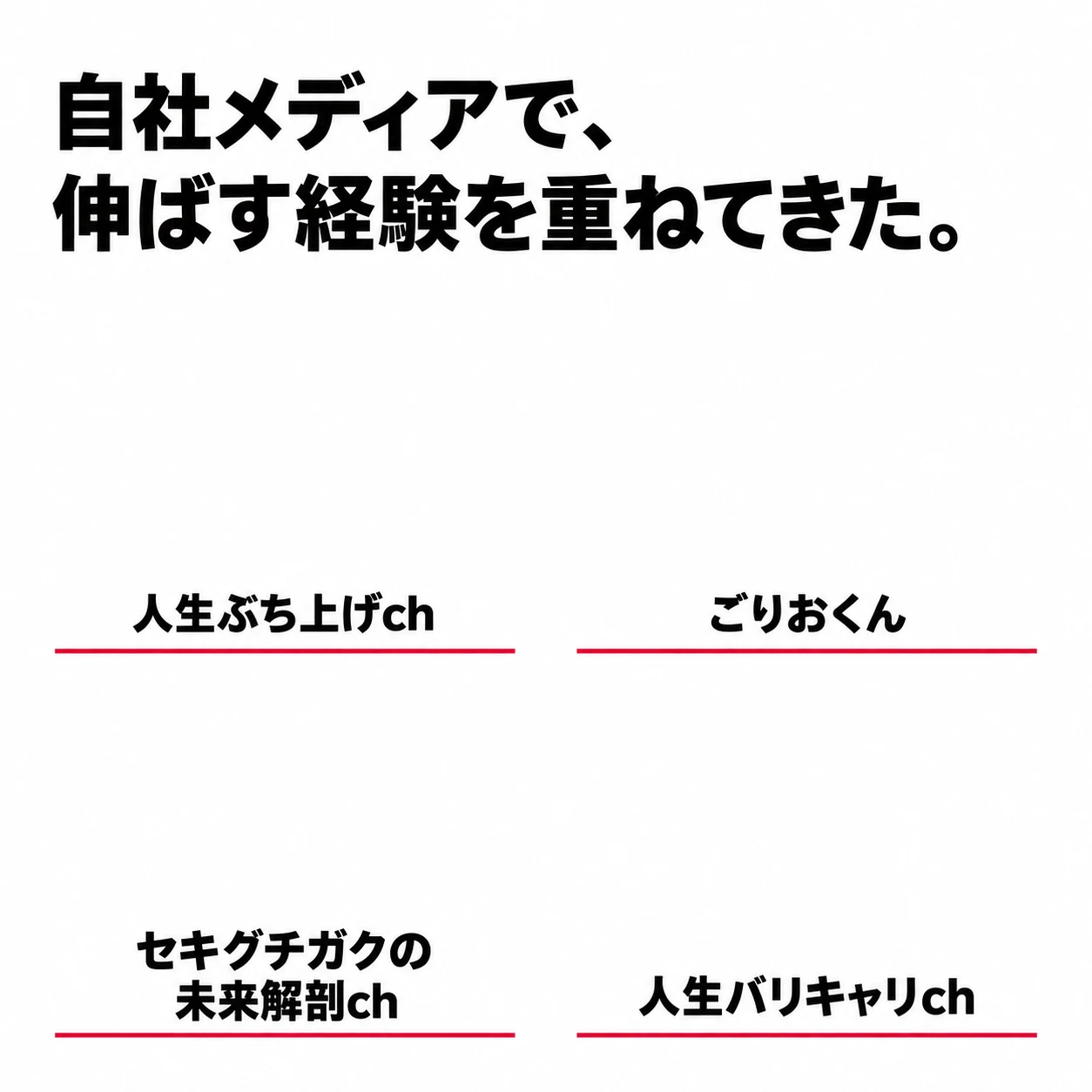 自社メディアで伸ばす経験を重ねてきた。人生ぶち上げch、ごりおくん、セキグチガクの未来解剖ch、人生バリキャリch。